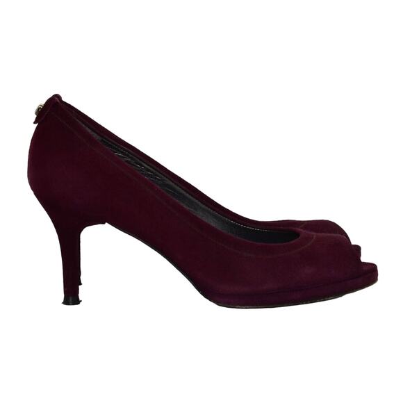 A5 Auth STUART WEITZMAN Logo Plainfield Bordeaux Suede Peep Toe Pumps Size 8.5 M - Picture 2 of 7